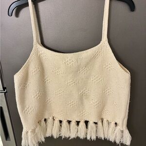Lulus Knit Sweater Vest  Fringed Ivory M Spaghetti Straps Boho Hippie Coquette